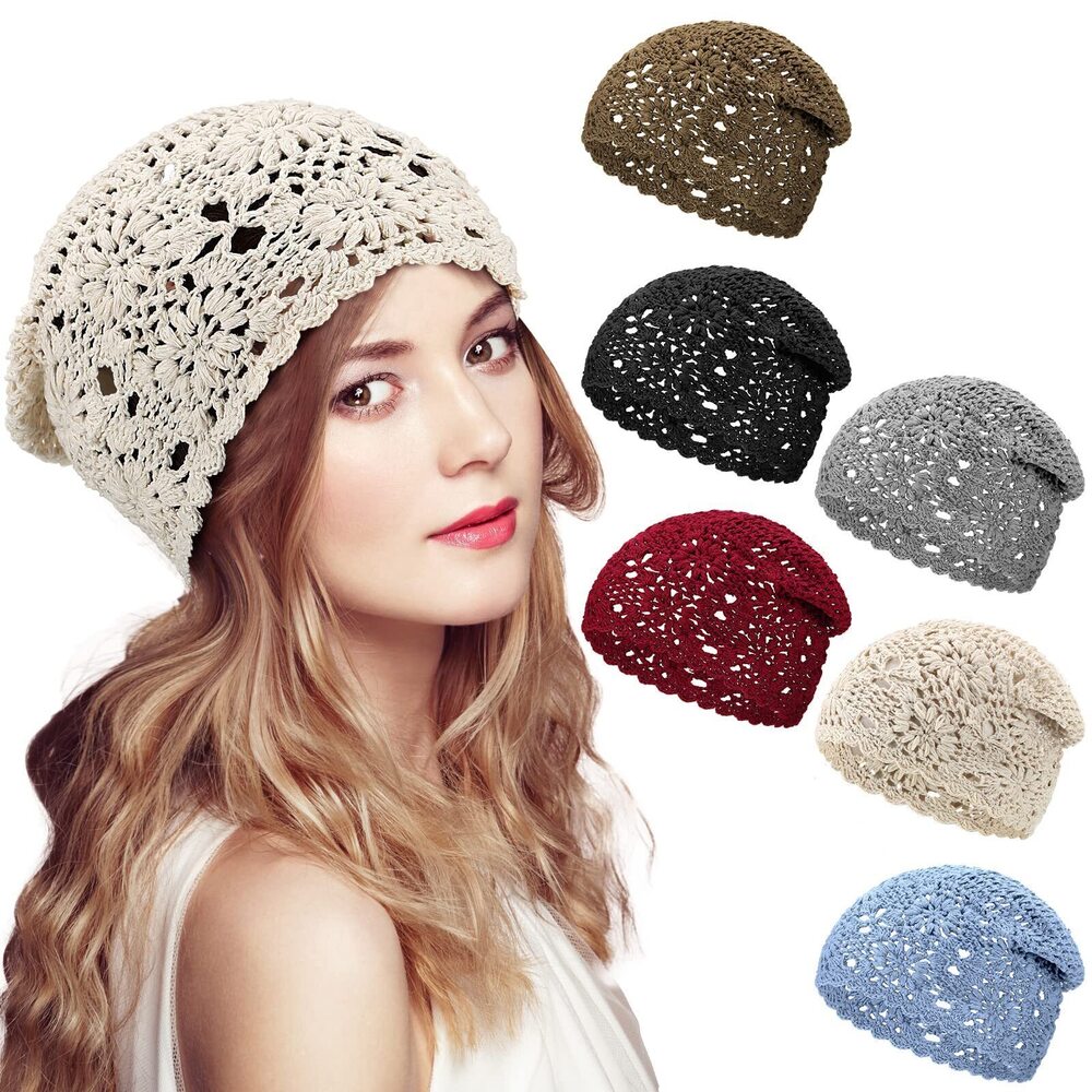 7933 6 Pcs Crochet Hat Slouchy Knit Beanie Cotton Handmade Knit Hat Summer